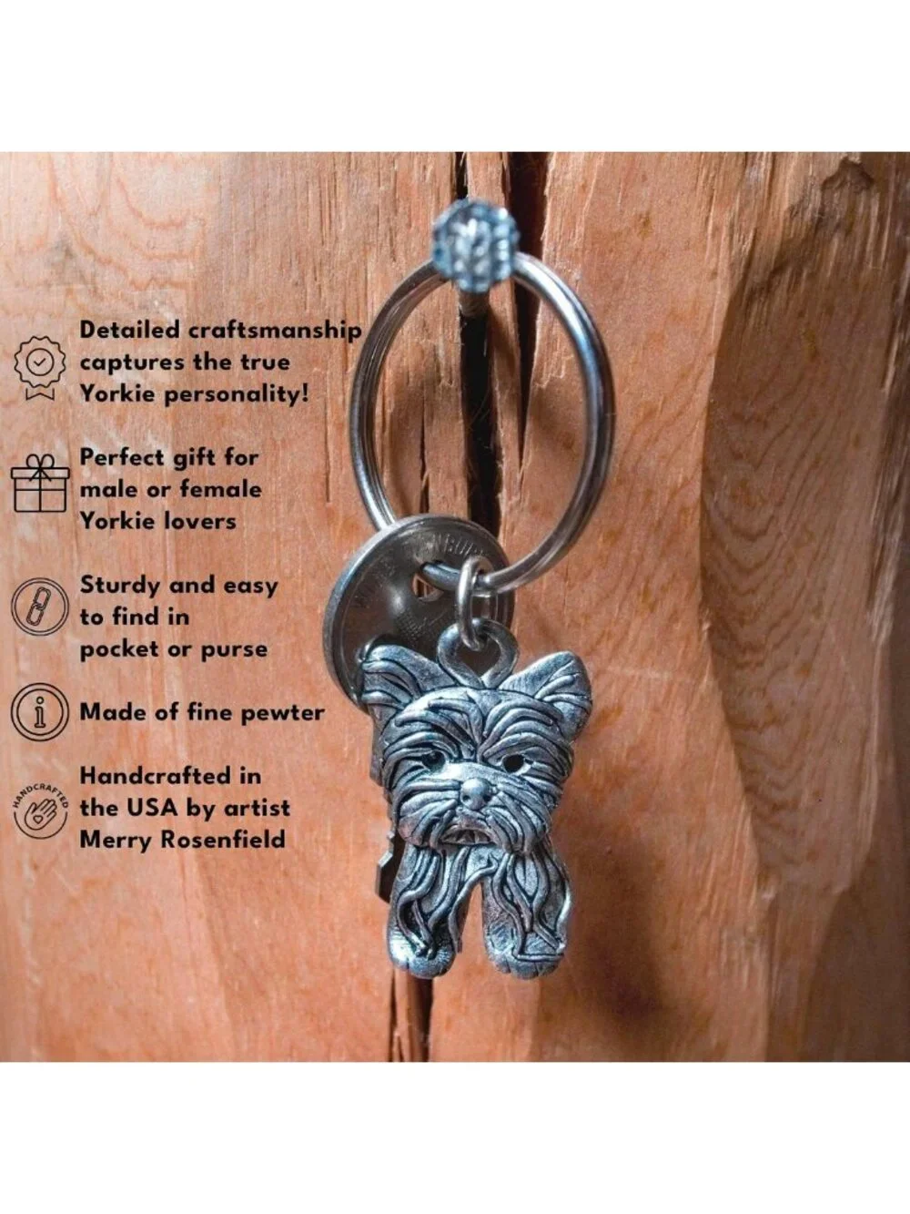 Handcrafted Pewter Dog Keychain - Cute Yorkie Gift for Women - Unique Pet
